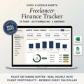 Freelancer finance tracker spreadsheet on a laptop showing income, expenses, and profit