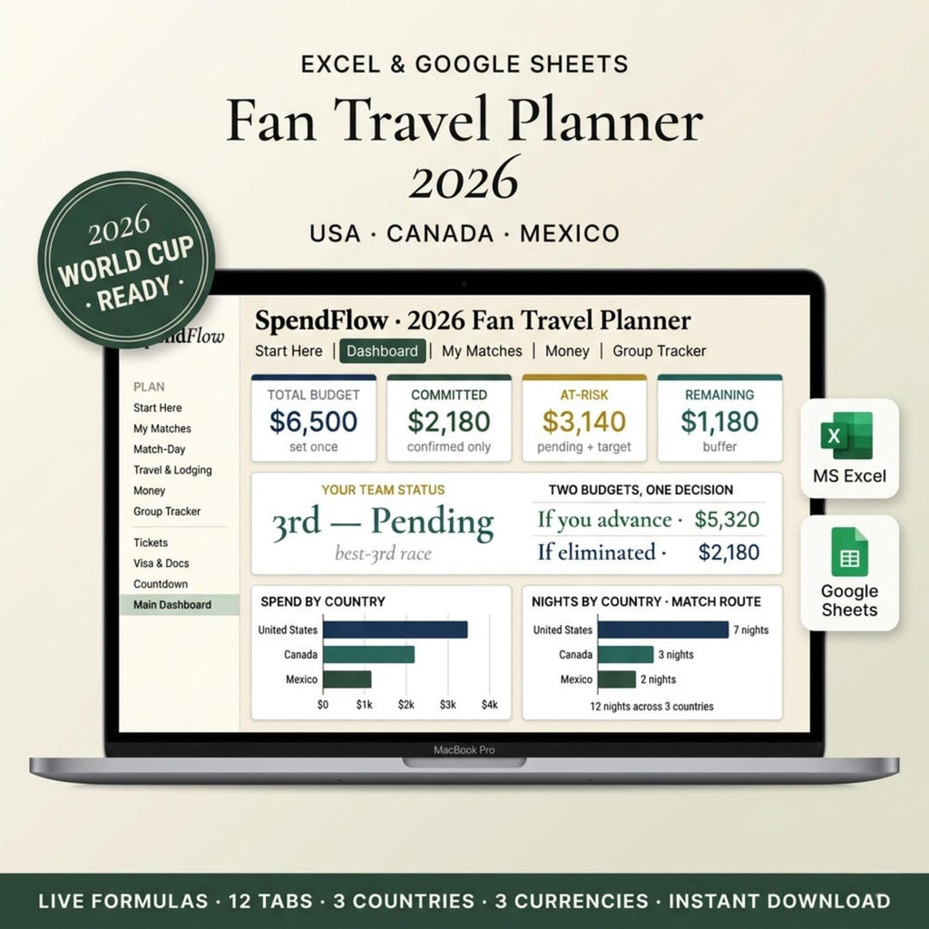 2026 World Cup travel planner spreadsheet cover for USA, Canada, and Mexico