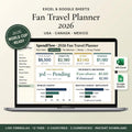 2026 World Cup travel planner spreadsheet cover for USA, Canada, and Mexico