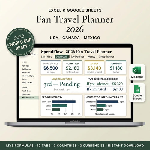 2026 World Cup travel planner spreadsheet cover for USA, Canada, and Mexico