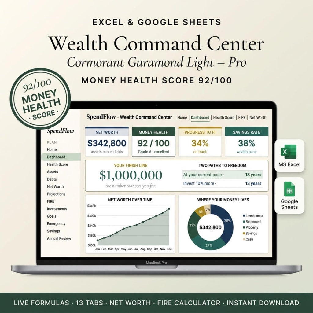 Wealth tracker spreadsheet cover showing a money health score and dashboard