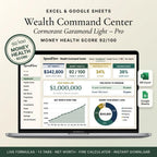 Wealth tracker spreadsheet cover showing a money health score and dashboard