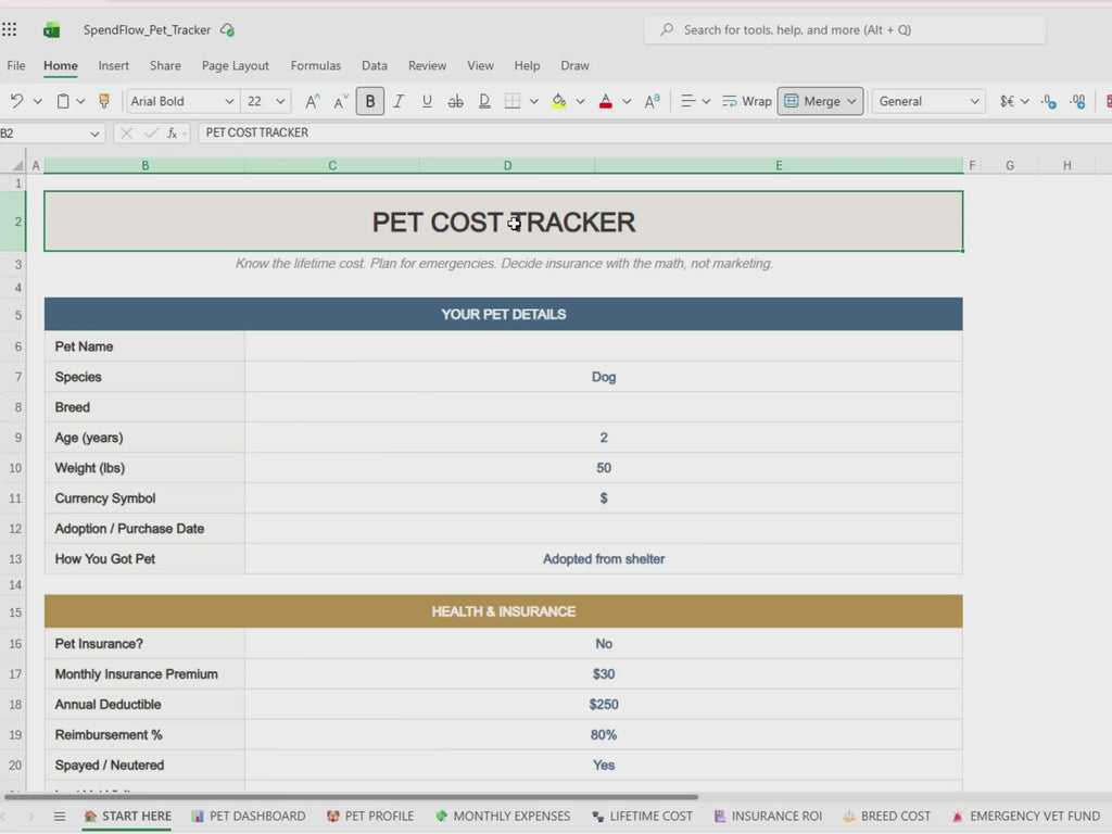 Pet Cost Tracker Excel Google Sheets | Lifetime Cost, Insurance ROI, Emergency Fund (Digital Download)