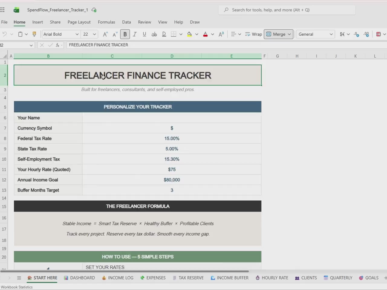 Freelancer Finance Tracker | Tax Reserve, Income Buffer, Hourly Rate (Excel, Google Sheets)