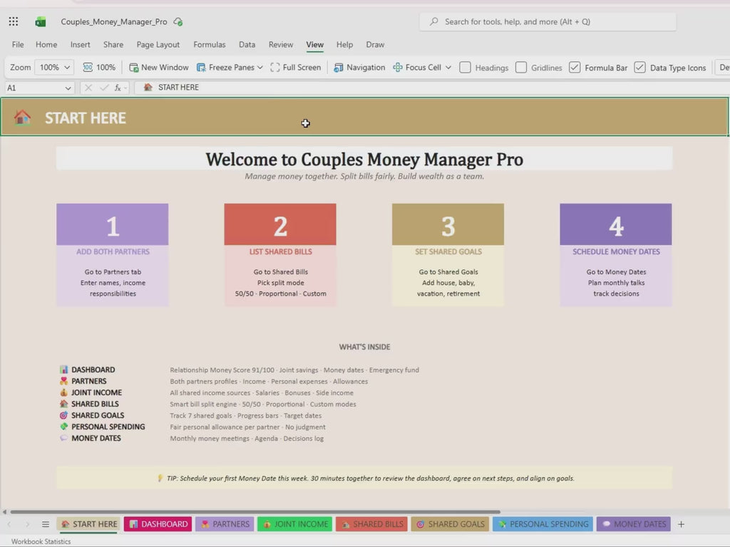 Couples Budget Spreadsheet, Joint Finance Tracker, Bill Split Calculator (Excel/Google Sheets)