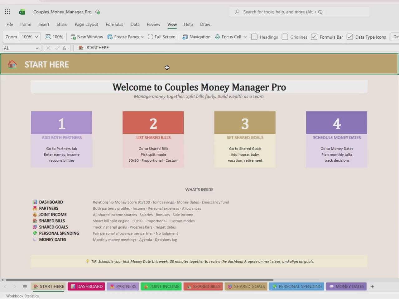Couples Budget Spreadsheet, Joint Finance Tracker, Bill Split Calculator (Excel/Google Sheets)