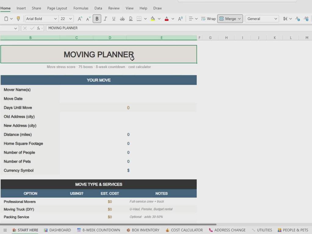 Moving Planner Spreadsheet | Stress Score Engine, Box Inventory, Cost Calculator