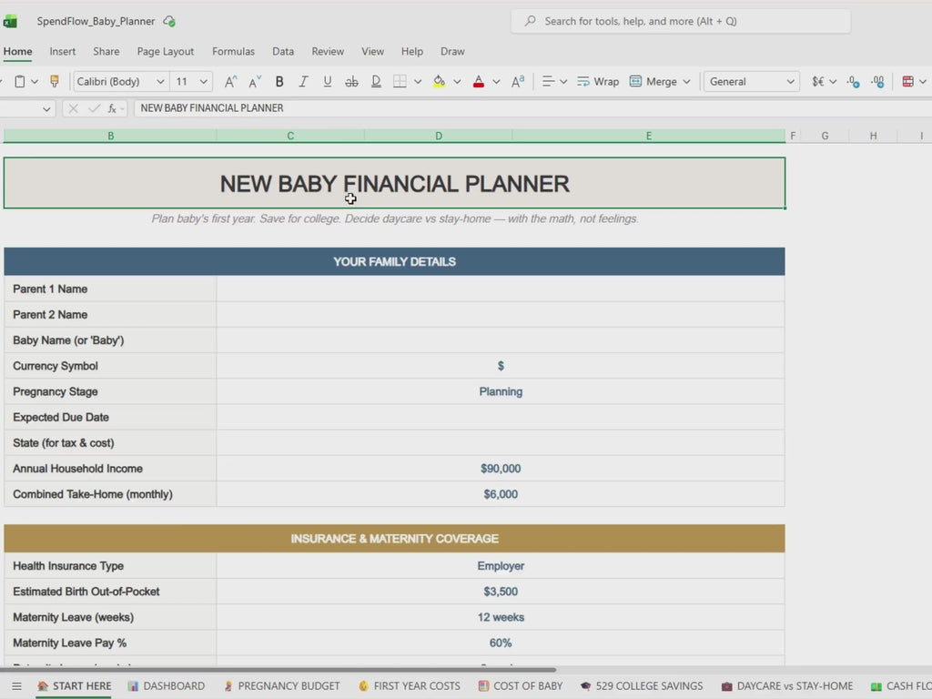 New Baby Financial Planner | First Year Cost, College Savings, Daycare ROI (Excel, Google Sheets)