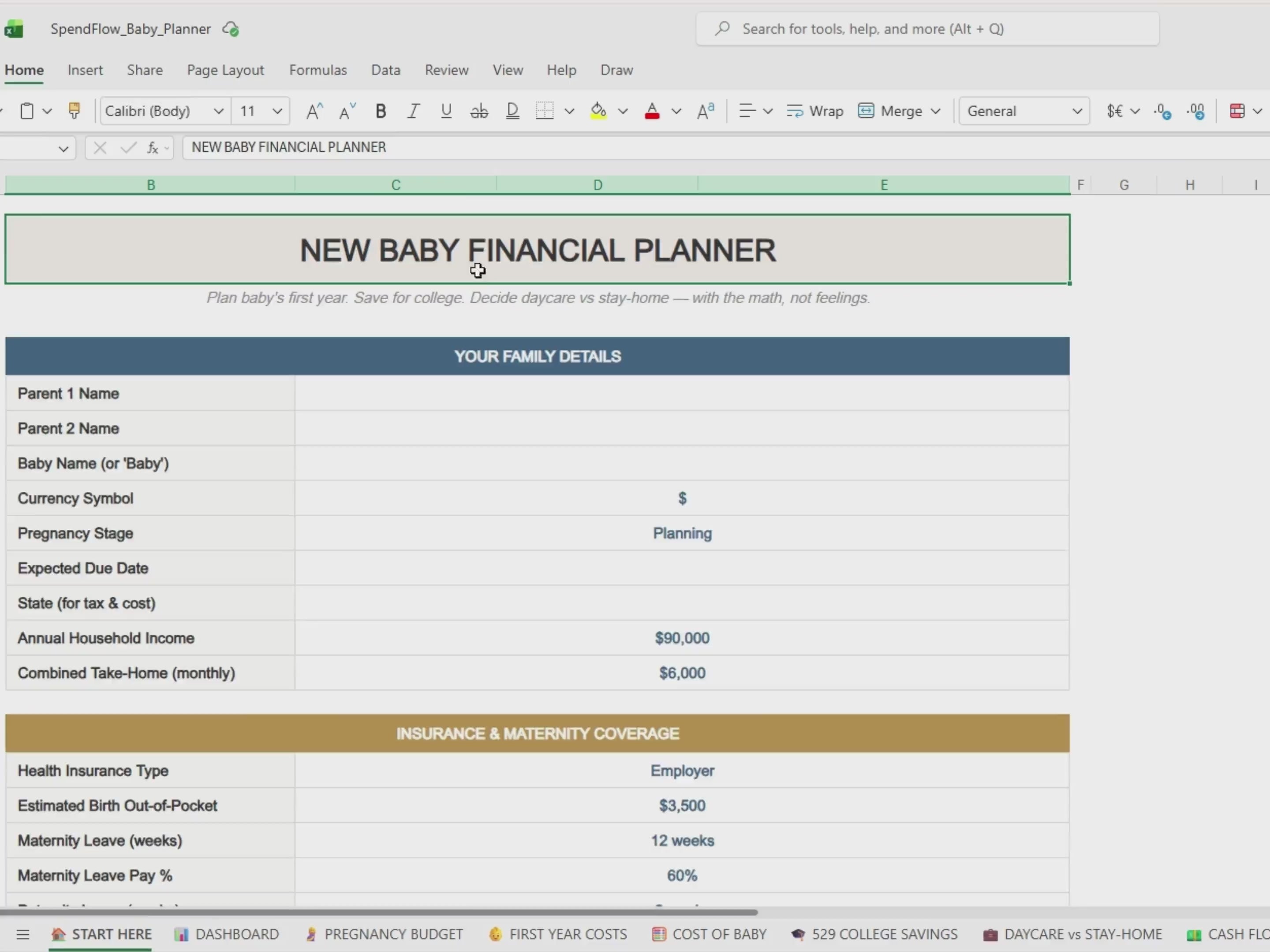 New Baby Financial Planner | First Year Cost, College Savings, Daycare ROI (Excel, Google Sheets)
