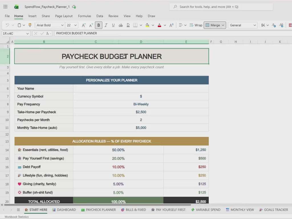 Paycheck Budget Planner | Zero Based, Bi-Weekly, Pay Yourself First (Excel, Google Sheets)