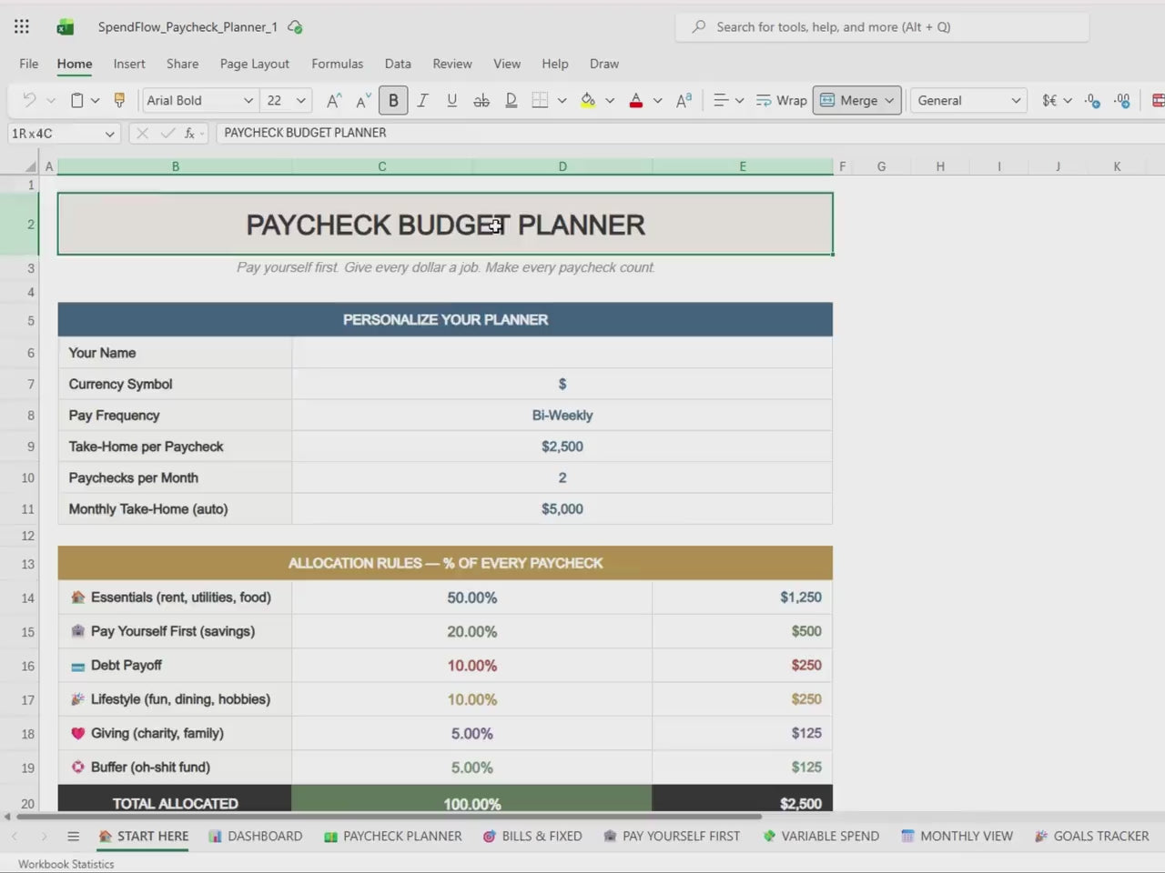Paycheck Budget Planner | Zero Based, Bi-Weekly, Pay Yourself First (Excel, Google Sheets)