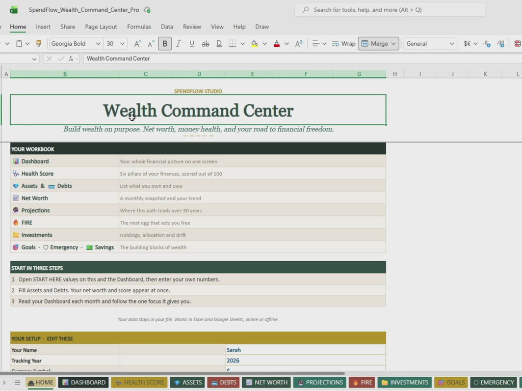 Wealth Tracker Spreadsheet | Money Health Score, FIRE Calculator & Investment Dashboard | Excel + Google Sheets