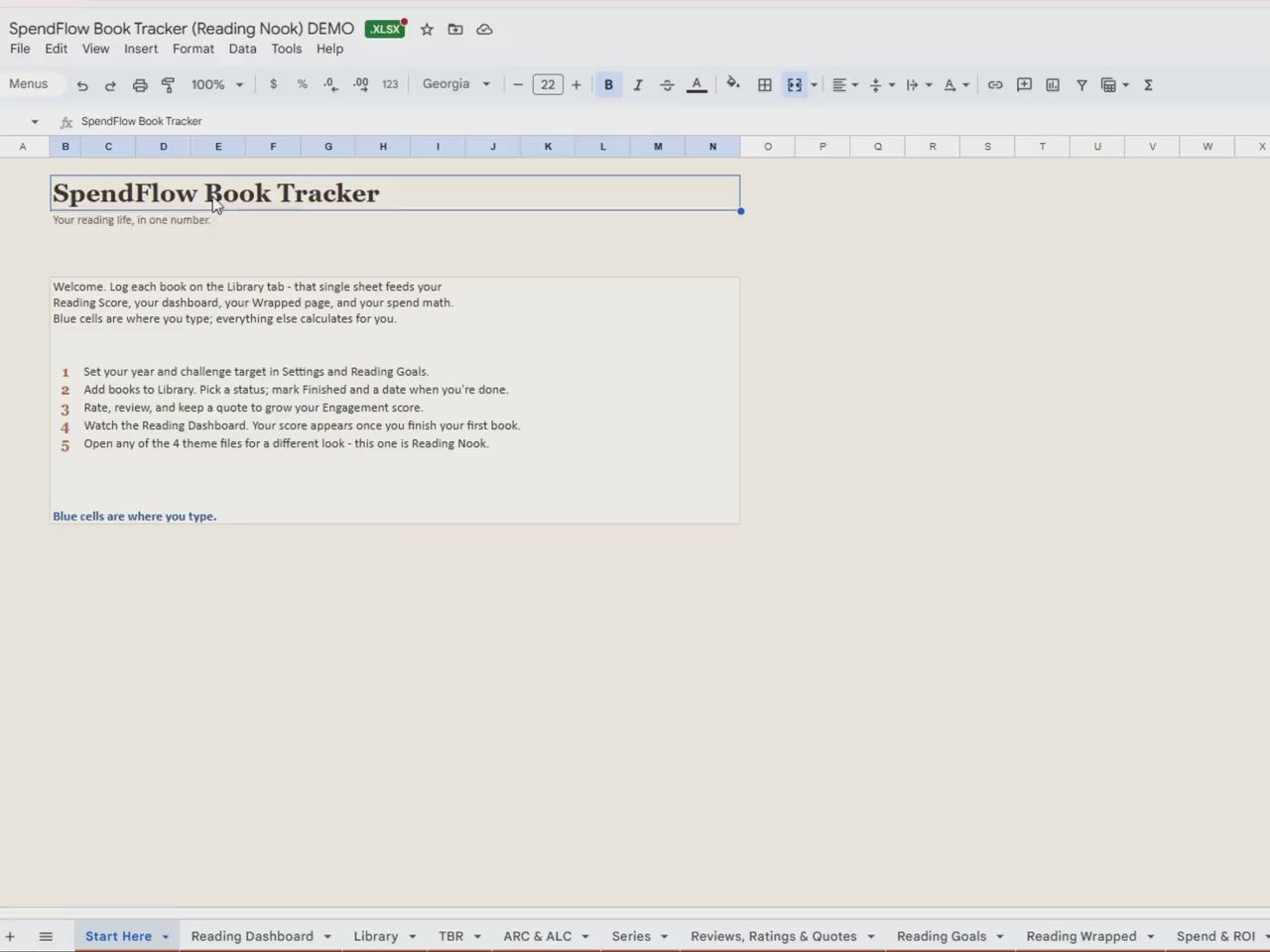 SpendFlow Book Tracker, Reading Score, Goals, Wrapped (Google Sheets, Excel)