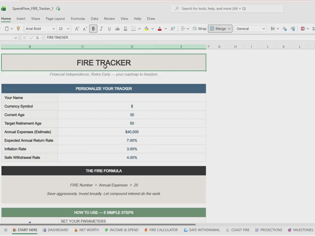 FIRE Tracker Calculator | Financial Independence, Retire Early, Net Worth (Excel, Google Sheets)