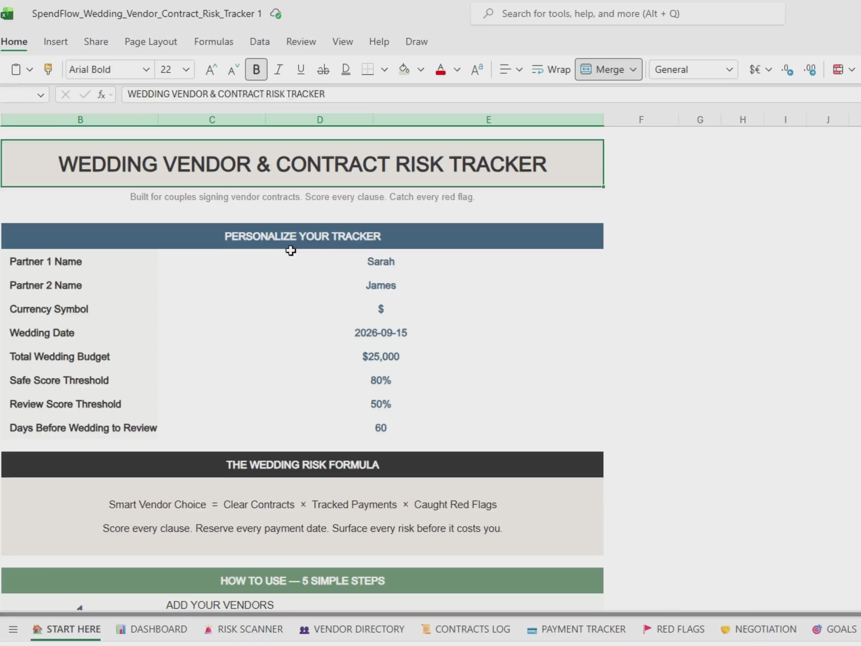 Wedding Vendor Contract Risk Tracker | Payment Schedule Spreadsheet (Excel Download)