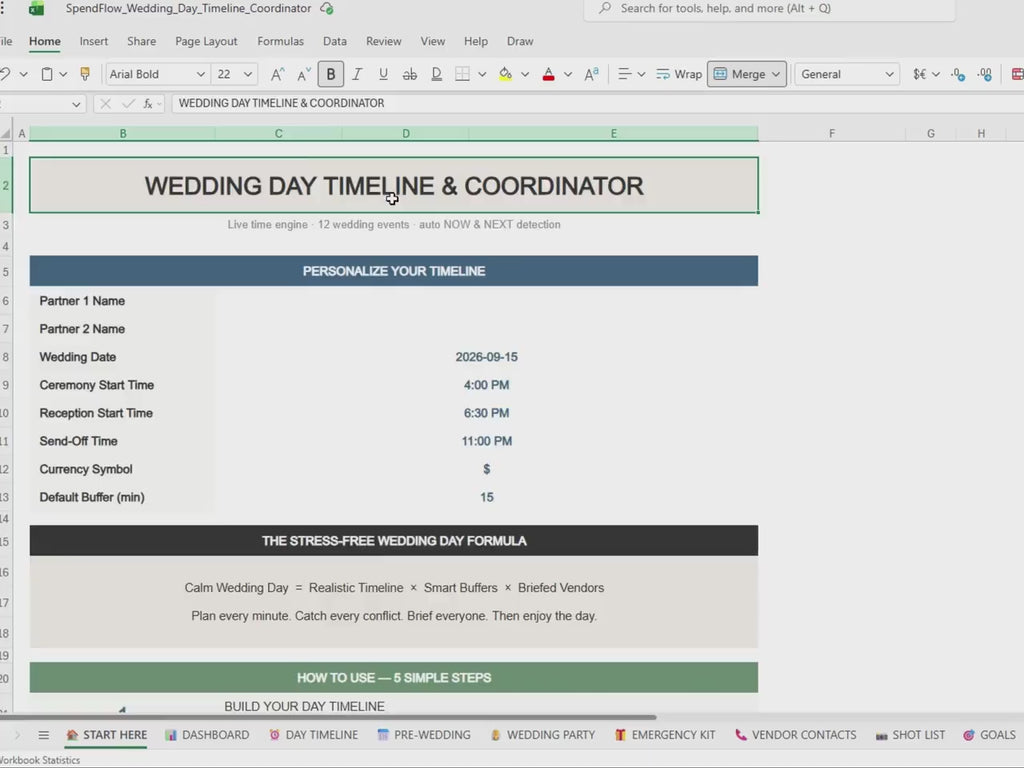 Wedding Day Timeline Spreadsheet | Live Time Engine, Printable Schedule (Excel Download)