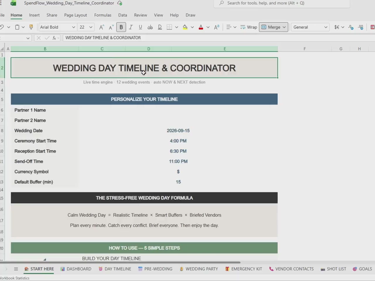 Wedding Day Timeline Spreadsheet | Live Time Engine, Printable Schedule (Excel Download)