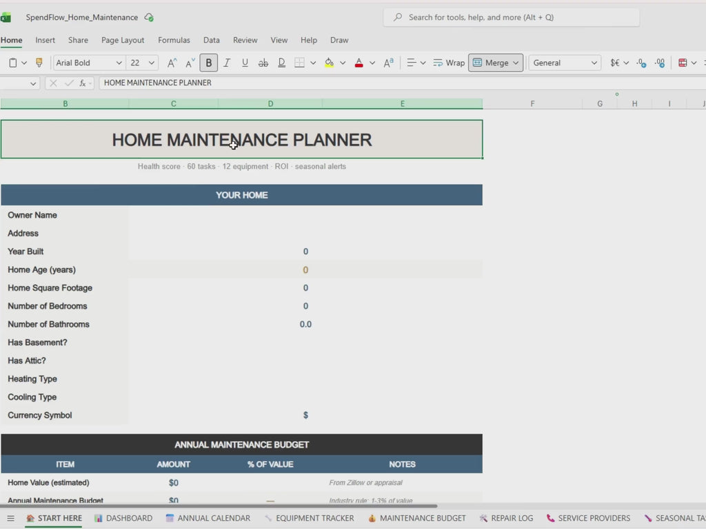 Home Maintenance Spreadsheet | Health Score Engine, Equipment Lifespan Tracker + ROI Calculator | Annual Excel Planner