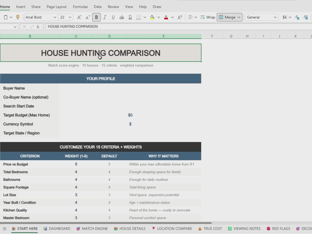 House Hunting Spreadsheet | Home Comparison Tracker, Match Score Engine (Excel Tool)