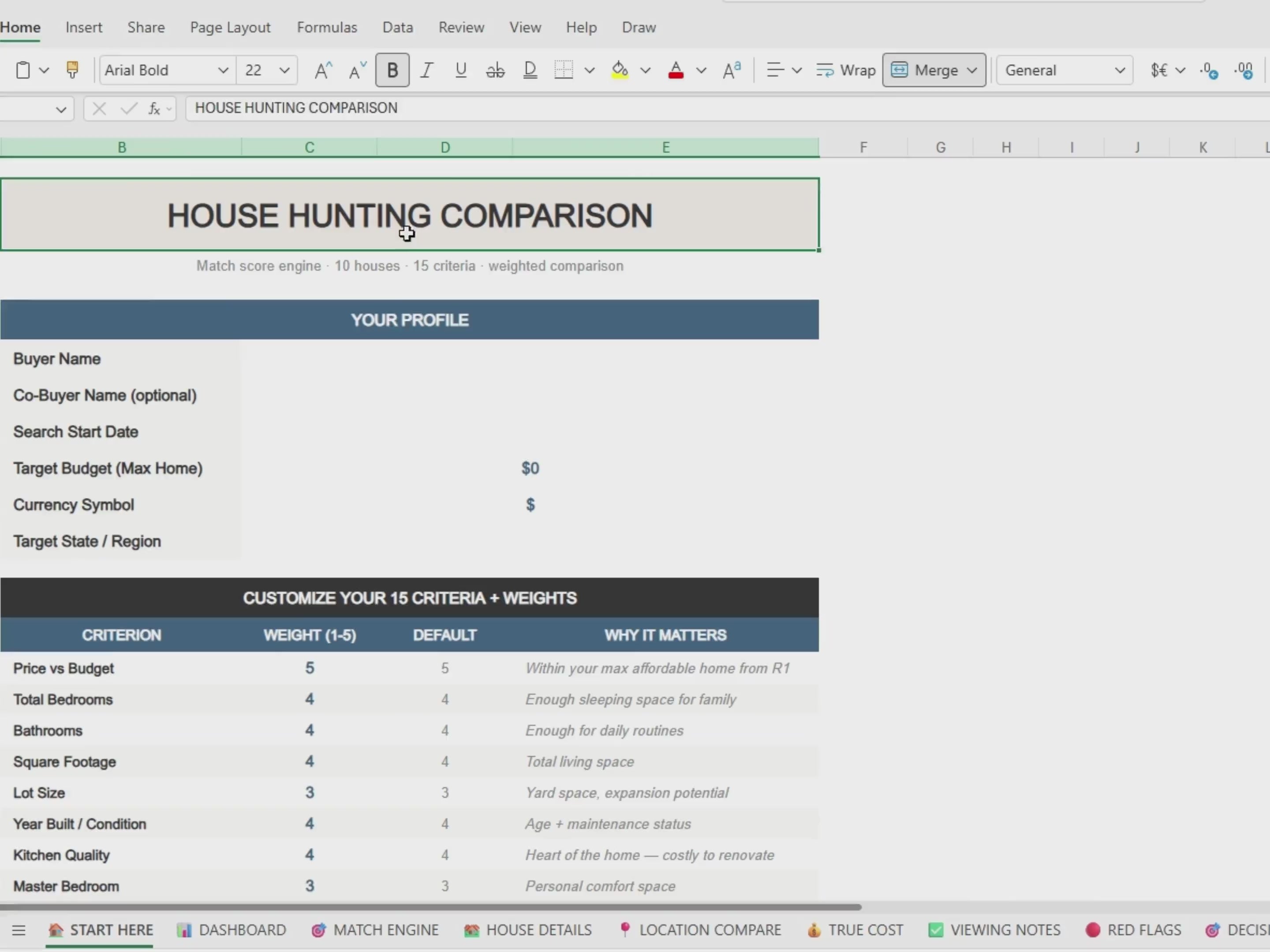 House Hunting Spreadsheet | Home Comparison Tracker, Match Score Engine (Excel Tool)