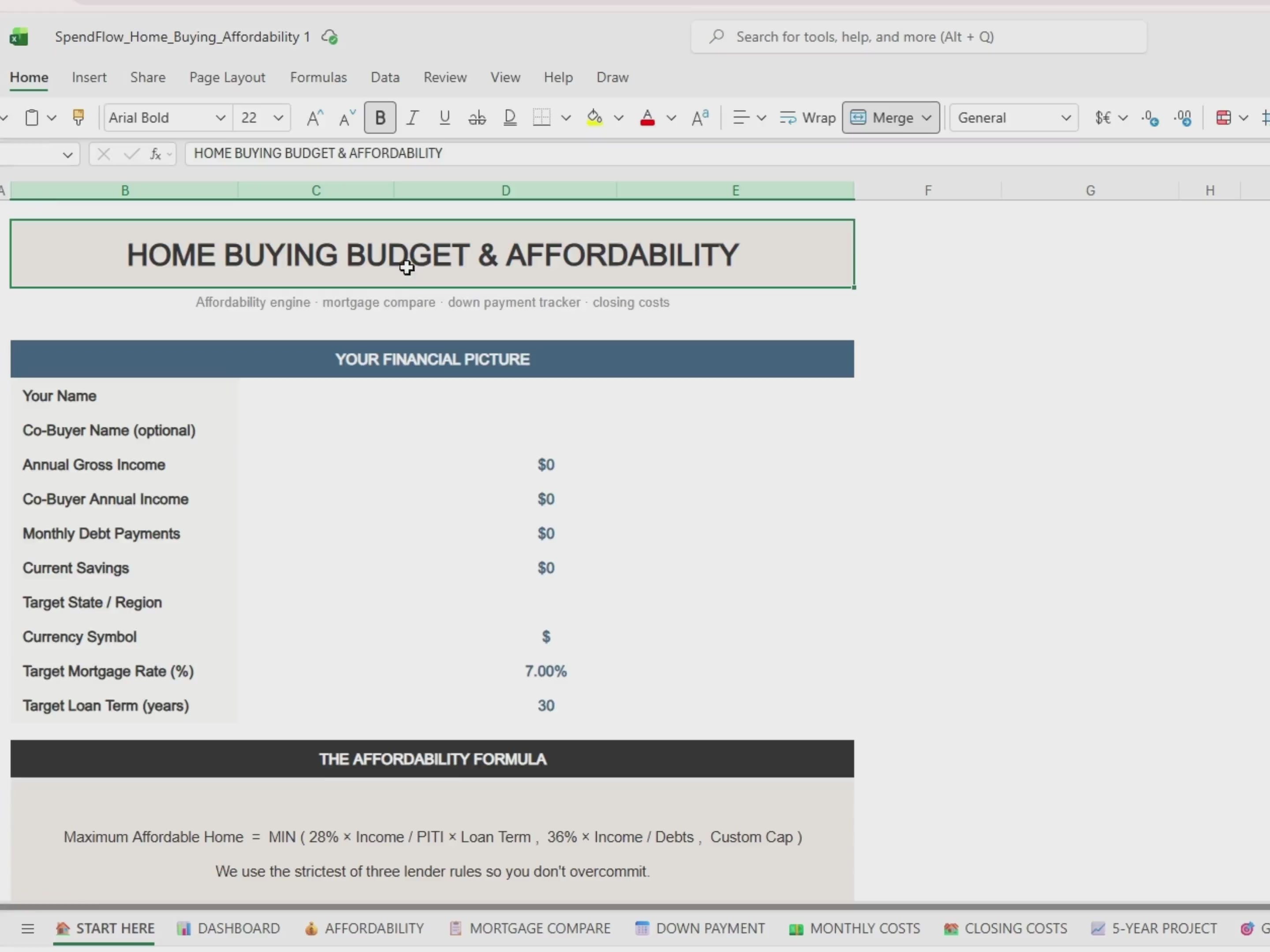 Home Affordability Calculator Spreadsheet | Mortgage Comparison, Budget Tracker (Excel)